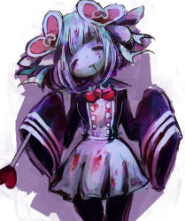 Rule 34 | 1girl, black pantyhose, blood, blood from mouth, blood on clothes, blood on face, bow, bowtie, closed eyes, facing viewer, hair ornament, heart, heart hair ornament, heart wand, holding, holding wand, karatou, lolo (mahou shoujo of the end), mahou shoujo of the end, pantyhose, red bow, red bowtie, shirt, short hair, skirt, sleeves past fingers, sleeves past wrists, solo, very long sleeves, wand, zombie