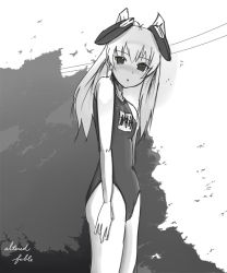 Rule 34 | 1girl, greyscale, monochrome, name tag, one-piece swimsuit, school swimsuit, solo, swimsuit