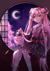 Rule 34 | 1girl, arm tattoo, aryuma772, black bow, black skirt, black sleeves, blush, bow, closed mouth, crescent moon, detached sleeves, fish, floral print, flower, goldfish, hair between eyes, hair bow, hair flower, hair ornament, hatsune miku, highres, holding, japanese clothes, kimono, layered skirt, long hair, long sleeves, miniskirt, moon, night, pink eyes, pink flower, pink hair, pink kimono, print kimono, print skirt, sakura miku, sitting, skirt, sleeveless, sleeveless kimono, smile, solo, tattoo, twintails, very long hair, vocaloid, wide sleeves
