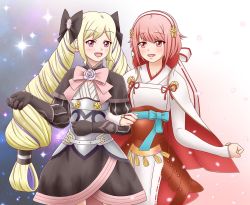 Rule 34 | 2girls, amezuku, armor, blonde hair, bow, elise (fire emblem), fire emblem, fire emblem fates, hair ornament, hairband, japanese clothes, locked arms, long hair, multiple girls, nintendo, open mouth, pink eyes, pink hair, purple eyes, purple hair, red hair, sakura (fire emblem), short hair, smile, twintails, yuri