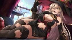 Rule 34 | 1girl, black gloves, black hat, blonde hair, breasts, cleavage, cleavage cutout, clothing cutout, day, elbow gloves, fang, gloves, hat, kanzaki kureha, legs, long hair, looking at viewer, lying, navel, navel cutout, nijisanji, nui sociere, nui sociere (1st costume), open mouth, red ribbon, ribbon, sky, solo, thighhighs, thighs, very long hair, virtual youtuber, window, witch hat, yellow eyes