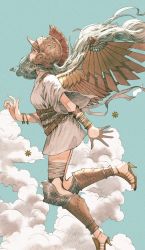 Rule 34 | 1girl, athena (mythology), belt, blue sky, cloud, greek mythology, helmet, high heels, kuroimori, looking up, mechanical wings, multiple belts, original, sky, toga, white hair, wings