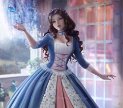 Rule 34 | 1girl, balcony, barbie (character), barbie (franchise), barbie as the princess and the pauper, barbie movies, blue choker, blue dress, blue eyes, brown hair, bug, butterfly, choker, corset, dress, erika (barbie), floral dress, floral print, flower, flower headband, flower wreath, hair flower, hair ornament, hand up, head wreath, insect, jewelry, landscape, lattice, long hair, long sleeves, medieval, necklace, open mouth, outdoors, outstretched arm, peasant, pink lips, pink ribbon, plant, portrait, princess and the pauper, renaissance clothes, ribbon, ringlets, solo, square neckline, tree, vines, wavy hair, wickellia, window, wisteria