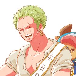 Rule 34 | 2boys, ^ ^, antlers, blue bag, closed eyes, commentary request, earrings, green hair, hat, highres, horns, jewelry, multiple boys, one piece, reindeer antlers, roronoa zoro, scar, scar across eye, shirt, short hair, sideburns, simple background, smile, tkdn 12, tony tony chopper, upper body, v-shaped eyebrows, white background, white shirt