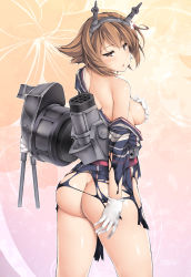 Rule 34 | 10s, 1girl, alternate costume, alternate eye color, anchor, anchor earrings, ass, bare legs, bare shoulders, blush, breasts, brown eyes, brown hair, butt crack, cannon, commentary, covering breasts, covering privates, earrings, eyebrows, floral background, flower, funnel, gloves, hair between eyes, hair flower, hair ornament, headgear, highres, japanese clothes, jewelry, kantai collection, kimono, looking back, machinery, mutsu (kancolle), no panties, obi, open mouth, ruschuto, sash, shiny skin, short hair, smokestack, solo, striped clothes, striped kimono, torn clothes, white gloves, yukata