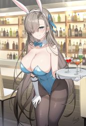 Rule 34 | 1girl, alcohol, animal ears, aqua bow, aqua bowtie, aqua eyes, aqua leotard, asuna (blue archive), asuna (bunny) (blue archive), banned artist, bar (place), blonde hair, blue archive, blush, bottle, bow, bowtie, breasts, chair, cherry, cleavage, closed mouth, cocktail glass, counter, cup, detached collar, drinking glass, elbow gloves, fake animal ears, food, fruit, gloves, groin, hair over one eye, hair ribbon, hand on own thigh, highres, holding, holding tray, icomochi, large breasts, lemon, lemon slice, leotard, liquor, long hair, mole, mole on breast, pantyhose, playboy bunny, rabbit ears, ribbon, signature, smile, solo, thigh gap, traditional bowtie, tray, very long hair, wine bottle, wine glass