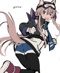 Rule 34 | 1girl, animal ears, arknights, black jacket, black pantyhose, blue necktie, blue shorts, boots, brown hair, cardigan (arknights), dog ears, dog girl, dog tail, goggles, goggles on head, hair between eyes, highres, jacket, pantyhose under shorts, looking at viewer, multicolored hair, necktie, one-hour drawing challenge, open mouth, pantyhose, purple eyes, purple footwear, purple hair, shirt, shorts, simple background, solo, streaked hair, tail, tetuw, twitter username, white background, white shirt