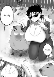 Rule 34 | 1girl, absurdres, animal, black hair, breasts, capybara, english text, fence, glasses, highres, jacket, jane (nesz), kneeling, large breasts, nesz r, on grass, shirt, short hair, taking picture
