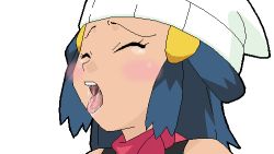 Rule 34 | 1girl, aliasing, beanie, bloggerman, blue hair, blush, creatures (company), dawn (pokemon), closed eyes, game freak, hair ornament, hat, lowres, nintendo, open mouth, pokemon, saliva, scarf, solo, tongue, tongue out, transparent background