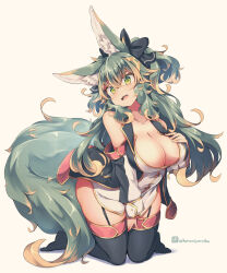 Rule 34 | 1girl, animal ears, black ribbon, black thighhighs, breasts, commentary request, green eyes, green hair, hair ribbon, highres, kneeling, kuromiya, kuromiya raika, large breasts, long hair, looking at viewer, open mouth, orange hair, original, ribbon, simple background, smile, solo, tail, thigh strap, thighhighs, two side up, yellow background