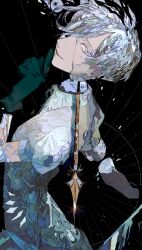 Rule 34 | 1other, absurdres, androgynous, black background, crystal hair, gloves, green gloves, highres, houseki no kuni, looking at viewer, motion blur, open mouth, patterned clothing, patterned hair, phosphophyllite (ll), shirt, short hair, shorts, smile, solo, white eyes, white shirt, white shorts, yadu nadu