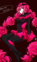 Rule 34 | 10s, 1girl, bad end happy, bad end precure, black bodysuit, bodysuit, character name, colored eyelashes, dress, expressionless, full body, ice (aitsugai), crossed legs, long hair, nail polish, pink dress, pink eyes, pink hair, pink skirt, precure, sitting, skirt, smile precure!, solo, tiara, twintails