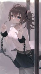 Rule 34 | 1girl, absurdres, ahoge, black eyes, black pantyhose, black ribbon, black skirt, blush, bra, breasts, brown hair, chain, cleavage, closed mouth, commentary request, cuffs, hair between eyes, hair ribbon, highres, hololive, leaning forward, long hair, long sleeves, looking away, medium breasts, natsuiro matsuri, navel, open clothes, open shirt, pantyhose, pleated skirt, restrained, ribbon, shirt, side ponytail, skirt, stomach, thomas 8000, underwear, virtual youtuber, white bra, white shirt