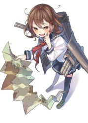 Rule 34 | 10s, 1girl, black thighhighs, blush, brown eyes, brown hair, finger to cheek, from above, hair ornament, hairclip, holding, holding paper, ikazuchi (kancolle), index finger raised, kantai collection, loafers, long sleeves, looking at viewer, machinery, map, matching hair/eyes, neckerchief, open mouth, paper, red neckerchief, sailor collar, school uniform, serafuku, sheep sleep, shoes, short hair, simple background, smile, solo, thighhighs, torpedo, turret, white background