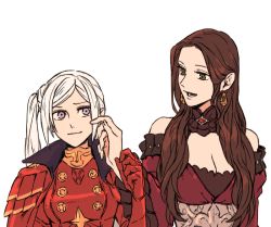 Rule 34 | 2girls, breasts, brown hair, cleavage, closed mouth, dorothea arnault, earrings, edelgard von hresvelg, fire emblem, fire emblem: three houses, green eyes, hrmt3391, jewelry, long hair, long sleeves, looking to the side, multiple girls, nintendo, open mouth, purple eyes, side ponytail, simple background, upper body, white background, white hair