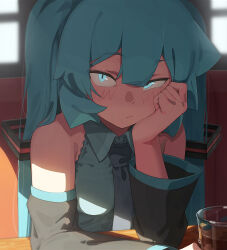 1girl abmayo absurdres aqua_eyes aqua_hair bare_shoulders black_sleeves blush breasts cheek_rest collared_shirt detached_sleeves glass green_eyes grey_shirt hatsune_miku highres indoors long_hair looking_at_viewer medium_breasts serious shirt sitting solo twintails very_long_hair vocaloid