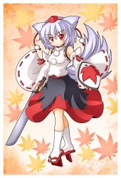 Rule 34 | 1girl, animal ears, autumn leaves, bad id, bad pixiv id, bare shoulders, breasts, detached sleeves, hat, inubashiri momiji, leaf, looking at viewer, pom pom (clothes), red eyes, shield, shinjitsu, shirt, short hair, silver hair, skirt, sword, tail, tokin hat, touhou, weapon, white shirt, wolf ears, wolf tail