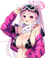 Rule 34 | 1girl, :d, adjusting eyewear, ariko youichi, arm up, bare shoulders, bikini, black bikini, blue archive, blush, breasts, cleavage, eimi (swimsuit) (blue archive), goggles, goggles on head, halo, hand on eyewear, jacket, large breasts, long hair, long sleeves, navel, off shoulder, official alternate costume, open clothes, open jacket, open mouth, pink eyes, pink hair, pink halo, pink jacket, ponytail, scarf, sidelocks, simple background, smile, solo, swimsuit, teeth, upper teeth only, white background, white scarf