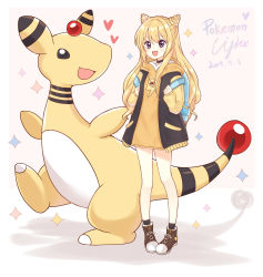 Rule 34 | 1girl, :d, ampharos, backpack, bag, black jacket, black legwear, blonde hair, blush, boots, brown background, brown footwear, commentary request, copyright name, creatures (company), dated, game freak, gen 2 pokemon, hair between eyes, highres, hood, hood down, hoodie, jacket, light (luxiao deng), lightning bolt symbol, long hair, long sleeves, looking at viewer, nintendo, open clothes, open jacket, open mouth, orange hoodie, original, personification, pigeon-toed, poke ball, poke ball (basic), pokemon, pokemon (creature), purple eyes, shadow, signature, sleeves past wrists, smile, socks, sparkle, standing, two-tone background, two side up, very long hair, white background