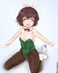 Rule 34 | 10s, 1girl, animal ears, argyle, cloritin, closed eyes, fake animal ears, gradient background, hair ornament, kantai collection, leotard, meme, mujun-gatamari (meme), mutsuki (kancolle), off shoulder, open mouth, out of character, outstretched arms, pantyhose, playboy bunny, rabbit, rabbit ears, red hair, seiza, short hair, sitting, solo