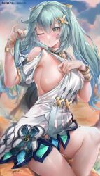 Rule 34 | 1girl, ;o, alternate breast size, aqua hair, areola slip, artist name, blurry, blurry background, bracelet, breasts, brown eyes, cloud, commentary, dress, faruzan (genshin impact), genshin impact, hair between eyes, hair ornament, hand in own hair, highres, jewelry, large breasts, long hair, looking at viewer, one eye closed, patreon username, rei kun, signature, sky, solo, sweat, thighs, twintails, white dress, x hair ornament