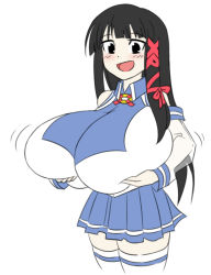 Rule 34 | 1girl, :d, black eyes, black hair, blue and white clothes, blue skirt, blush, breasts, from side, gigantic breasts, grabbing own breast, groping breast, hair ribbon, hands on own chest, hime cut, jiggle, long image, matsu-sensei, multicolored clothes, open mouth, os-tan, pleated skirt, ribbon, see-through, see-through sleeves, shirt, simple background, skirt, smile, solo, tall image, thighhighs, white background, white shirt, white thighhighs, xp-tan