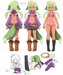 Rule 34 | 1girl, ahoge, animal ears, babalilo, bad id, bad tumblr id, bikini, bikini top only, black legwear, blush, boots, brown eyes, character sheet, dark skin, detached collar, detached sleeves, dog ears, dog girl, dog tail, frown, green hair, height, jewelry, large tail, long hair, low twintails, midriff, multiple views, navel, necklace, no pants, original, panties, short shorts, shorts, smile, socks, standing, striped bikini, striped clothes, striped panties, swimsuit, tail, titi (babalilo), twintails, underwear