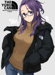 Rule 34 | 1girl, black-framed eyewear, black coat, blue eyes, blush, breasts, brown sweater, closed mouth, clothes writing, coat, commentary request, copyright name, cowboy shot, denim, english text, forehead, glasses, hands in pockets, hood, hood down, hooded coat, jeans, kagamihara sakura, long hair, long sleeves, looking at viewer, medium breasts, mirai denki, one side up, open clothes, open coat, pants, purple hair, solo, sweater, the north face, turtleneck, turtleneck sweater, yurucamp, zipper