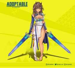 Rule 34 | 1girl, armor, artist name, bikini armor, blue cape, blue gloves, bracer, breasts, brown hair, cape, cleavage, clothing cutout, commentary, crabiart, dress, dual wielding, english commentary, facebook logo, gloves, green eyes, high heels, highres, holding, holding sword, holding weapon, horns, instagram logo, long hair, looking to the side, medium breasts, original, pantyhose, partially fingerless gloves, single glove, single leg pantyhose, smile, solo, sword, thigh cutout, twitter logo, v-shaped eyebrows, watermark, weapon, white dress, white pantyhose, yellow background