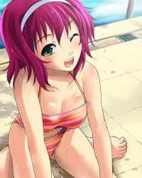 Rule 34 | 1girl, bare legs, bare shoulders, bikini, breasts, cleavage, digdug006, drain (object), from above, green eyes, hair ornament, minagawa harumi, one eye closed, open mouth, outdoors, pink hair, pool, pool ladder, poolside, short hair, solo, swimsuit, thighs, tile floor, tiles, water, wet, wrestle angels, wrestle angels survivor, wrestle angels survivor 2