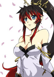 Rule 34 | 1girl, arm at side, arm behind back, banpresto, bare shoulders, black hair, blue eyes, breasts, cleavage, closed mouth, collarbone, detached sleeves, dress, eyebrows hidden by hair, eyes visible through hair, female focus, hair between eyes, hair ornament, high ponytail, large breasts, long hair, looking to the side, multicolored hair, nanbu kaguya, neck, nishida megane, petals, ponytail, red hair, sidelocks, simple background, smile, solo, standing, strapless, strapless dress, super robot wars, super robot wars og saga mugen no frontier, two-tone hair, very long hair, white background, white detached sleeves, white dress