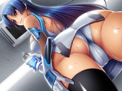 Rule 34 | 00s, 1girl, arched back, ass, back, black thighhighs, blue hair, blush, bodysuit, bottle, breasts, cameltoe, cowboy shot, dutch angle, elbow gloves, female focus, fishnets, from behind, from below, gloves, glowing, hand on own thigh, huge ass, kagami hirotaka, large breasts, leotard, long hair, looking away, looking back, no bra, panties, pantyshot, parted lips, partially visible vulva, red eyes, shiny skin, shoulder blades, smile, solo, sweat, taimanin (series), taimanin asagi, taimanin asagi kessen arena, teeth, thighhighs, third-party source, underwear, very long hair, water bottle, white leotard, yatsu murasaki