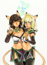 Rule 34 | 00s, 2girls, ^ ^, animal ears, blonde hair, blue eyes, breasts, brown hair, cat ears, cat girl, cat tail, closed eyes, doraeshi, closed eyes, final fantasy, final fantasy xi, highres, medium breasts, midriff, mithra (ff11), multiple girls, navel, ok sign, slit pupils, small breasts, smile, tail, thighhighs, toned, v