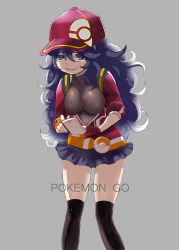 Rule 34 | 1girl, @ @, backpack, bag, baseball cap, belt, black thighhighs, breasts, cellphone, copyright name, cosplay, covered erect nipples, creatures (company), female protagonist (pokemon go), female protagonist (pokemon go) (cosplay), fingerless gloves, game freak, gloves, hat, hex maniac (pokemon), highres, holding, holding phone, long hair, makoto daikichi, medium breasts, messy hair, miniskirt, nintendo, no bra, npc trainer, phone, poke ball theme, pokemon, pokemon go, pokemon xy, purple eyes, purple hair, ribbed sweater, simple background, skirt, smartphone, smile, solo, sweater, thighhighs