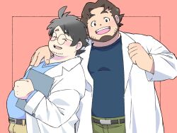 2boys bara belly birch_(pokemon) blush couple cowboy_shot creatures_(company) facial_hair fat fat_man game_freak glasses happy highres lab_coat looking_at_viewer male_focus multiple_boys neroli_(pokemon) nintendo odmk_(jinnta4014) pokemon pokemon_sleep round_eyewear short_hair standing stubble thick_eyebrows yaoi