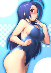 Rule 34 | 00s, 1girl, blue hair, breasts, competition swimsuit, highleg, highleg swimsuit, idolmaster, idolmaster (classic), idolmaster 1, large breasts, leaning forward, long hair, miura azusa, one-piece swimsuit, red eyes, school swimsuit, seki suzume, sideboob, solo, swimsuit