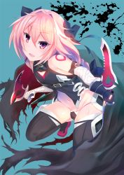 Rule 34 | 1boy, astolfo (fate), bandaged arm, bandages, bare shoulders, black panties, black thighhighs, blush, braid, cosplay, fang, fate/apocrypha, fate (series), gloves, hair ribbon, jack the ripper (fate/apocrypha), jack the ripper (fate/apocrypha) (cosplay), long hair, looking at viewer, lowleg, lowleg panties, male focus, navel, p answer, panties, pink hair, ribbon, single braid, smile, solo, thighhighs, trap, underwear, weapon