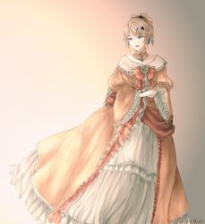 Rule 34 | 1girl, aku no musume (vocaloid), artist name, blonde hair, blue eyes, bow, choker, dress, earrings, evillious nendaiki, frilled dress, frilled sleeves, frills, hair bow, hair ornament, hairclip, highres, jewelry, kagamine rin, matryoshka-ruth, open mouth, own hands together, riliane lucifen d&#039;autriche, solo, updo, vocaloid, wide sleeves, worried, yellow dress
