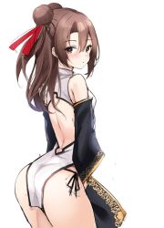 Rule 34 | 1girl, alternate costume, alternate hairstyle, ass, backless outfit, breasts, brown eyes, brown hair, china dress, chinese clothes, detached sleeves, double bun, dress, from behind, hair bun, highres, kantai collection, looking back, simple background, small breasts, solo, white background, white dress, zarashi, zuihou (kancolle)