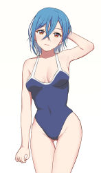 Rule 34 | arm up, armpits, arms behind head, blue hair, blue one-piece swimsuit, breasts, cleavage, closed mouth, commentary request, competition school swimsuit, crossed bangs, es es vril es, expressionless, eyelashes, frown, gluteal fold, groin, hair between eyes, head tilt, highleg, highleg swimsuit, highres, legs together, lips, looking at viewer, love live!, love live! superstar!!, medium breasts, one-piece swimsuit, red eyes, school swimsuit, short hair, simple background, skindentation, solo, swimsuit, thighs, wakana shiki, white background