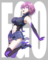 Rule 34 | 1girl, :d, armor, armored boots, bare shoulders, black gloves, black thighhighs, boots, breasts, elbow gloves, fate/grand order, fate (series), gloves, hair over one eye, large breasts, leotard, looking at viewer, mash kyrielight, navel, open mouth, purple eyes, purple hair, sami (object dump), sleeveless, smile, solo, teeth, thighhighs