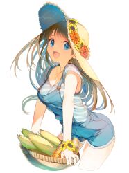 Rule 34 | 1girl, basket, blue eyes, breasts, brown hair, can, cleavage, corn, cropped legs, denim, denim shorts, flower, food, hat, hat flower, holding, holding basket, leaning forward, long hair, looking at viewer, medium breasts, open mouth, original, overalls, red flower, shirt, short sleeves, shorts, simple background, solo, sparkle, straw hat, striped clothes, striped shirt, suspender shorts, suspenders, tatami to hinoki, white background, yellow flower