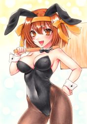 Rule 34 | 1girl, :d, animal ears, black leotard, bow, breasts, brown eyes, brown hair, brown pantyhose, choker, cleavage, covered erect nipples, covered navel, cowboy shot, fake animal ears, hair between eyes, hair bow, hairband, hand on own hip, highres, holding, leotard, looking at viewer, medium breasts, open mouth, orange bow, orange hairband, pantyhose, playboy bunny, rabbit ears, rabbit girl, rotkappchen388859, short hair, sideboob, smile, solo, standing, strapless, strapless leotard, suzumiya haruhi, suzumiya haruhi no yuuutsu, wrist cuffs