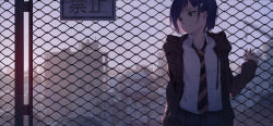 Rule 34 | 10s, 1girl, against fence, arm behind back, backlighting, black hair, black jacket, blue sky, blurry, blurry background, building, chain-link fence, character request, cityscape, closed mouth, collared shirt, darling in the franxx, depth of field, drawstring, fence, green eyes, hair ornament, hairclip, highres, ichigo (darling in the franxx), jacket, long sleeves, looking to the side, necktie, nian (zhanian), open clothes, open jacket, plaid, plaid skirt, shirt, short hair, sign, skirt, sky, smile, solo, striped necktie, striped neckwear, upper body, white shirt, wing collar