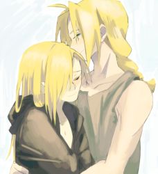 Rule 34 | 2boys, alphonse elric, androgynous, antenna hair, bare arms, black coat, black shirt, blonde hair, blue background, braid, brothers, coat, covering privates, edward elric, eyelashes, closed eyes, fullmetal alchemist, hair over one eye, height difference, hug, kao (kaoree), light smile, long hair, looking away, male focus, multiple boys, nude, nude cover, pectorals, profile, shirt, siblings, simple background, sleeveless, smile, spoilers, standing, two-tone background, upper body, white background, yellow eyes