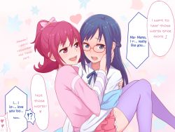 Rule 34 | 2girls, aida mana, blue eyes, blue hair, blush, bow, dokidoki! precure, embarrassed, glasses, hand on another&#039;s cheek, hand on another&#039;s face, hard-translated, highres, hishikawa rikka, long hair, multiple girls, naughty face, open mouth, pink bow, pink eyes, pink hair, precure, purple legwear, school uniform, short hair, skirt, smile, thighhighs, third-party edit, translated, unpale, yuri, zettai ryouiki