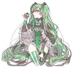 Rule 34 | 1girl, bad id, bad pixiv id, cupcake, food, food on face, green hair, hatsune miku, kneeling, long hair, looking at viewer, piyo (ppotatto), simple background, solo, thighhighs, very long hair, vocaloid, white background, wide hips