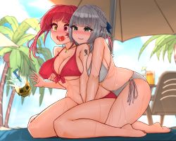 Rule 34 | 2girls, absurdres, barefoot, beach chair, beach umbrella, bikini, blue bow, blunt bangs, bow, braid, breast press, breasts, cloud, commentary request, covered erect nipples, cup, dokuro-kun (houshou marine), drinking straw, french braid, grabbing, grabbing another&#039;s breast, green eyes, grey bikini, grey hair, hair bow, heterochromia, highres, hololive, houshou marine, ice, ice cube, implied fingering, kneeling, korean commentary, large breasts, long hair, mixed-language commentary, multiple girls, open mouth, outdoors, palm tree, red bikini, red eyes, red hair, saliva, shirogane noel, skull cup, smile, swimsuit, tonys, tree, twintails, umbrella, virtual youtuber, yellow eyes, yuri
