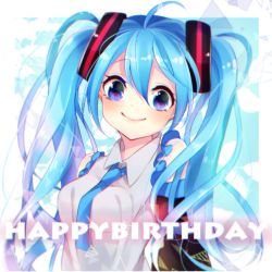Rule 34 | 1girl, ahoge, blue eyes, blue hair, detached sleeves, gradient background, happy birthday, hatsune miku, long hair, matching hair/eyes, motsuni (lxxe1120), necktie, smile, solo, twintails, vocaloid