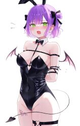 Rule 34 | 1girl, absurdres, animal ears, arms behind back, bare shoulders, black leotard, blush, bow, bowtie, breasts, cleavage, demon girl, demon tail, demon wings, detached collar, ear piercing, fake animal ears, fang, green eyes, hair ornament, highres, hololive, leg tattoo, leotard, looking at viewer, medium breasts, mei am0, open mouth, piercing, playboy bunny, purple hair, rabbit ears, restrained, short hair, skin fang, solo, strapless, strapless leotard, tail, tattoo, thigh strap, tokoyami towa, virtual youtuber, white background, wings